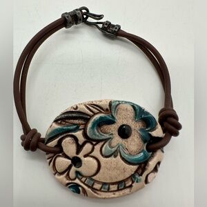 Ceramic painted floral brown cord bracelet